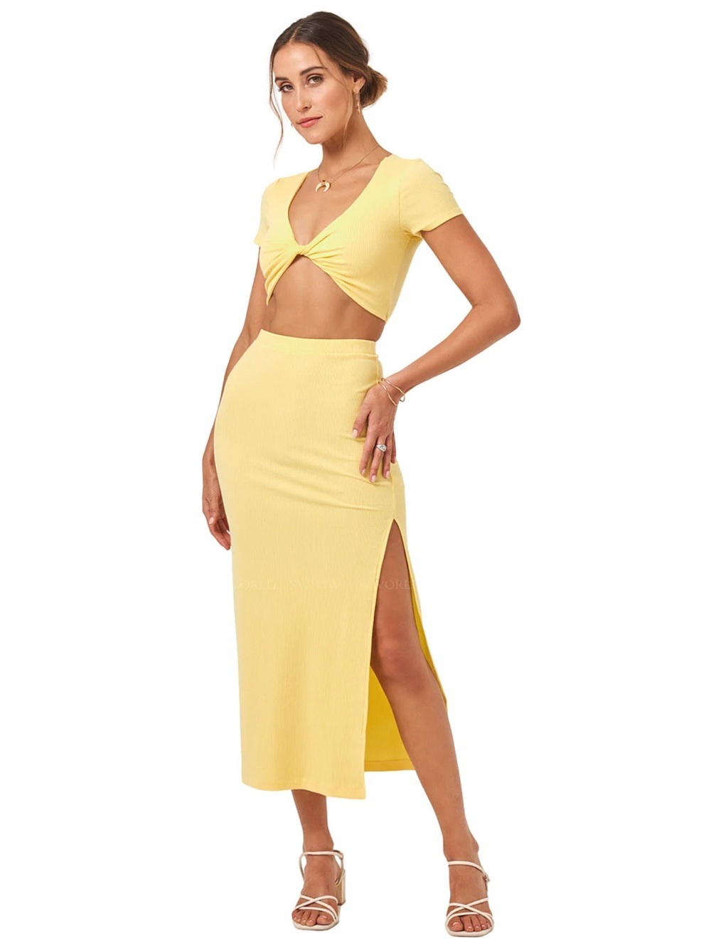 NWT L*Space Isla Set Small Yellow Ribbed Cutout Crop Top & Midi Skirt Co-Ord